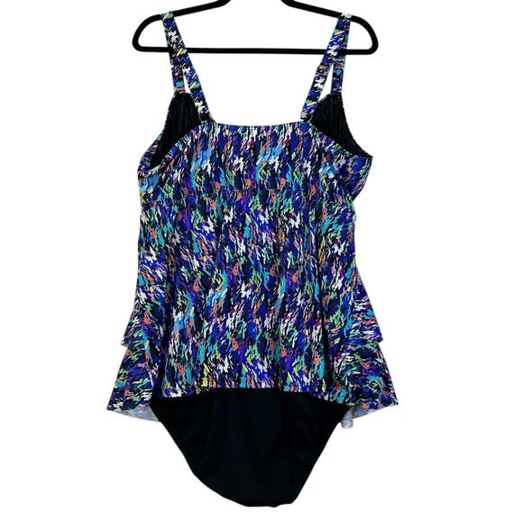 Swim Solutions Triple Tier Fauxknit One Piece Swimsuit Navy Multi Women 22W NWT - Picture 3 of 9